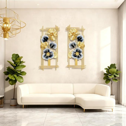 Metal Wall Art Decor 2 Pcs 34" x 15" 3D Wall Sculpture Handmade Golden Ginkgo Leaf Blue Flower Hanging Home Decor Wall Sculpture Modern for Living Room, Bedroom, Dining Room, Office and Hotel Large