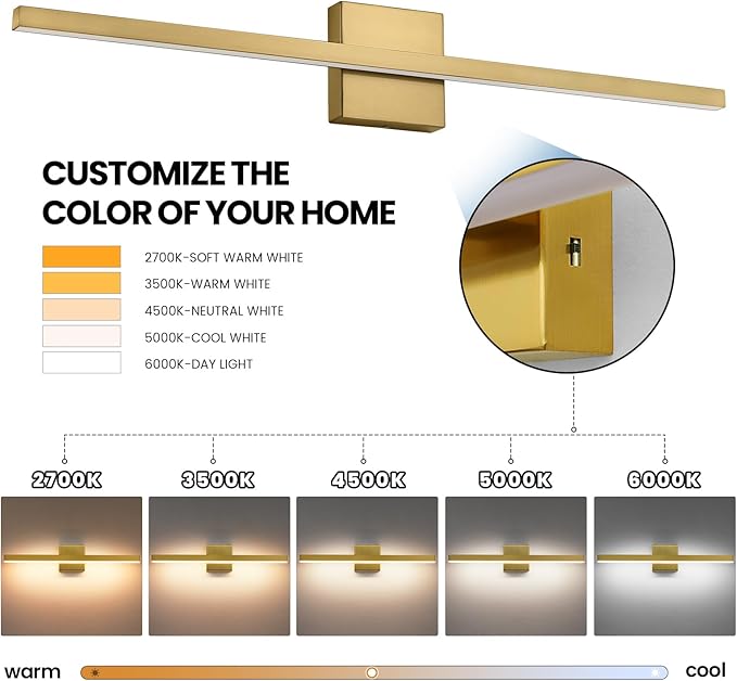 Epinl Gold Bathroom Light Fixtures - 24 inch Brushed Gold Vanity Light for Bathroom Over Mirror Dimmable 5CCT LED Light Bar Modern Lighting Fixture for Bathrooms Bedroom Living Room