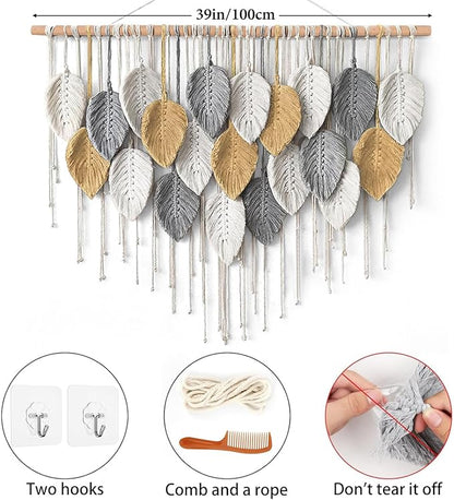 KHOYIME Large Macrame Wall Hanging Boho Woven Tapestry, Chic Modern Home Decor Bohemian Farmhouse Handmade Leaf Feather Wall Art Decorations for Living Room Bedroom Nursery Dorm Backdrop 39"W X 29.5"L