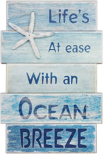 Coastal Wall Decor for Home, Beach Wall Art Wooden Hanging Sign with Starfish Element, Perfect Beach Themed Room Decor and Ocean Decor for Bathroom Bedroom Coastal Living Spaces 11.5" x 17"