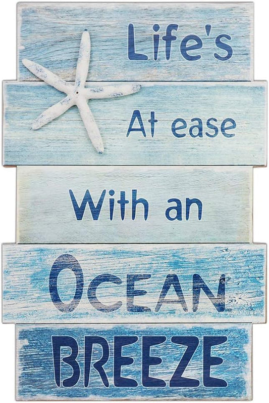 Coastal Wall Decor for Home, Beach Wall Art Wooden Hanging Sign with Starfish Element, Perfect Beach Themed Room Decor and Ocean Decor for Bathroom Bedroom Coastal Living Spaces 11.5" x 17"
