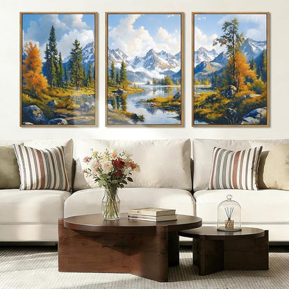 BINCUE Framed Mountain Landscape Wall Art Nature Forest Wall Decor Tree and River Art Print for Living Room Bedroom Office 16x24 Inches Set of 3