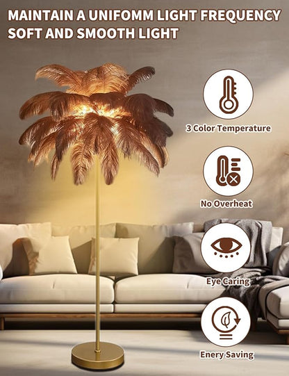 Feather Floor Lamp,Fluffy Ostrich Feather Floor Lamp for Bedroom,3 Color Temperatures Led Corner Modern Floor Lamps for Living Room Christmas Home Decor House Warming Gifts,63″ Height,50 Piece(Brown)