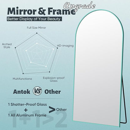 Antok 58" x18” Arched Full Length Floor Mirror, Blue Aluminum Frame, Free Standing/Wall Mount/Leaning for Bedroom, Living Room, Dressing Room