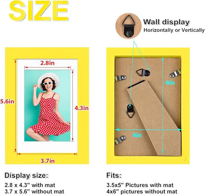 KINLINK 4x6 Frame Yellow, Solid Wood 4 x 6 Picture Frame with Acrylic Plexiglass for 3.5x5 with Mat, Tabletop and Wall Display Photo Frames 4x6 Yellow, 4 Pack