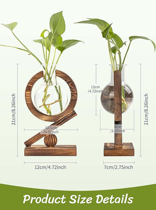 Glass Plant Propagation Station with Wooden Stand and Air Planter Bulb Vase, Planter Terrarium for Home Office Garden Boho Desk Decor,Mothers Day Vase (Dark Burnt Wood)