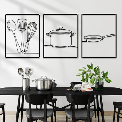 3 Pieces Metal Minimalist Line Kitchen Signs Wall Decor Drawing Rustic Kitchen Wall Art for Dining Living Room Home, 14 x 11 Inches(Kitchenware,Black)