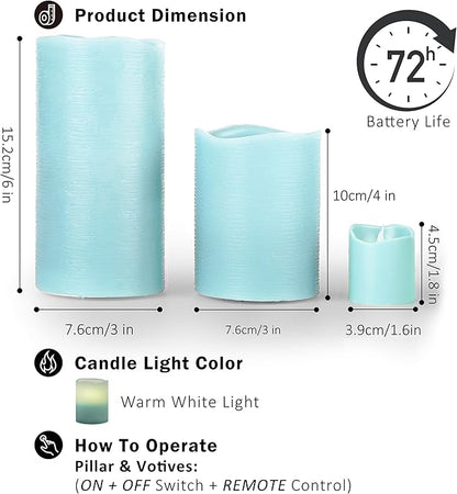 FURORA LIGHTING Blue Flameless Candles - Real Wax, Adjustable Brightness, Remote & Timer - 4 Pillars (3x4, 3x6) and 4 Votives, 8-Pack, Battery Operated