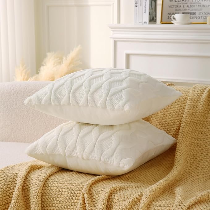 16" x 16" Decorative Throw Pillow with Inserts, Set of 2 Soft Faux Fur Throw Pillows, Square Boho Pillow for Couch, Bed, Sofa Decor, Beige