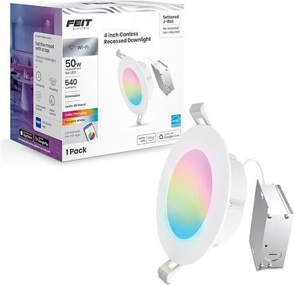 Feit Electric 4" Smart WiFi Recessed Downlight with J-Box, Color Changing RGBW + Tunable White, Compatible with Alexa, Google Assistant & Siri, Dimmable LED Ceiling Light,LEDR4XT/RGBW/CA/AG