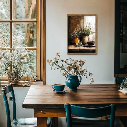 Framed Vintage Kitchen Wall Art, Rustic Herbs Pictures Wall Decor Paintings, Farmhouse Cottagecore Botanical Canvas Prints Moody Home Decor Aesthetic for Dining Room Living Room 16x24 inch