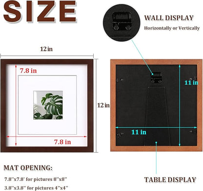 Egofine 11x11 Picture Frames 4 Pack Covered by Plexiglass, Display Pictures 8x8 with Mat or 11x11 Without Mat Made of Solid Wood for Table Top Display and Wall Mounting Photo Frame, Walnut Color