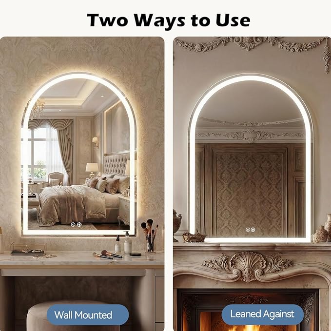 DUMOS 20"×28" LED Bathroom Mirror with Lights, Arched Vanity Mirror with Anti-Fog, Dimmable, 3-Color Light, Memory Function, Front Light and Backlit, Tempered Glass