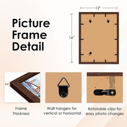 FIXSMITH 12x16 Picture Frame Brown Set of 2, Photo Frame with HD Plexiglass, Display Pictures 8.5x11 with Mat or 11x17 Without Mat, Brown Picture Frames Collage Wall Decor, Gallary Wall Frame