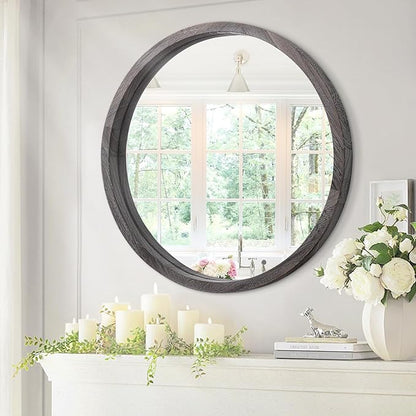 JJUUYOU Large Circle Wall Mirror 24 Inch Round Wall Mirror for Bathroom, Gray Rustic Circular Mirror Washroom Wall Vintage Wood Frame Mirror for Living Room, Bedroom, Dorm Decorative