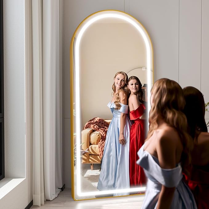 FENNIO Full Length Mirror with Lights, 70"x32" LED Full Body, Free Standing Lighted Floor Mirror, Wall Mounted Hanging Mirror for Bedroom, Salon, 3-Color Lighting, Tempered Glass