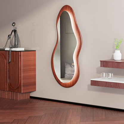 48"x 24" LED Wood Full Length Mirror with Lights Irregular Wavy Full Body Mirror Shatter-Proof Hanging/Leaning Wall Mounted Walnut Wooden Framed for Dressing Bedroom Living Room