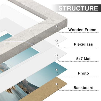Vittanly 8x10 Picture Frames Set of 9, Shatter Resistant Plexiglass, Display 5x7 Pictures with Mat or 8x10 without Mat, Photo Frames for Wall or Tabletop, Engineered Wood, Vintage Marble White