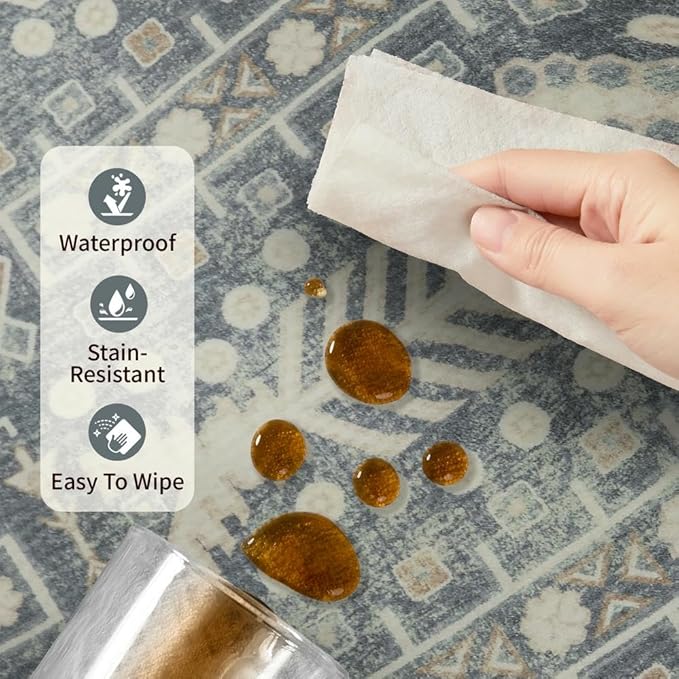 Rugxara 9x12 Washable Area Rugs for Living Room - Large Rugs,Floral Boho Vintage Rug,Soft & Non-Slip,Low Pile Wool Carpet for Indoor Dining Room,Girls Room,Nursery Room and Kids Room(Ivory Blue)
