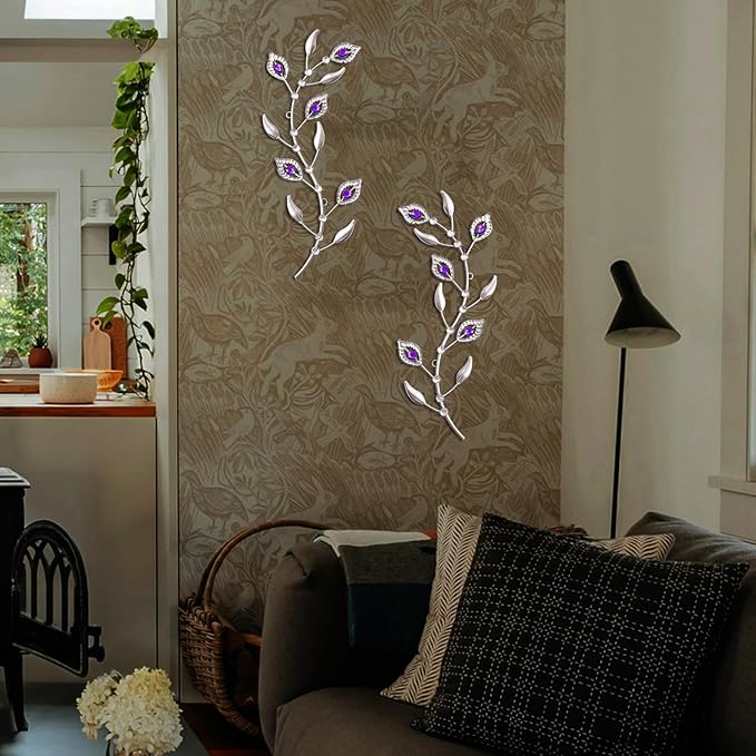 sxnzequnze 2 Sets Leaf Wall Art for Home Metal Bling Rhinestones Ready to Hang Tree Branch Leaves Olive Vine Wrought Iron Hanging Sculpture Pieces Wall Decor Pcs - 16.5in