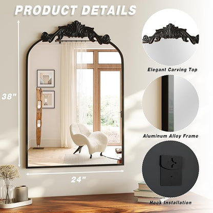 VooBang Vintage Arched Bathroom Mirror, 24x36 Inch Retro Wall Mounted Vanity Mirror with Carved Pattern Top and Metal Frame, Black Decorative Mirror for Hanging or Leaning