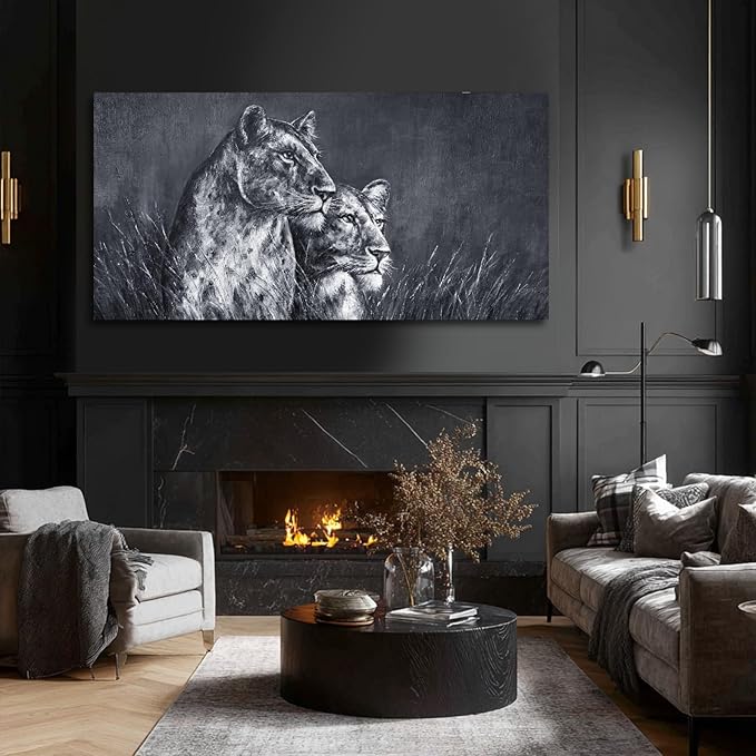 ZENPEE 29"x58" Lion Wall Art - Black & White Spray Print Canvas, Oversized Animal Decor for Bedroom, Living Room, Office - Ready to Hang