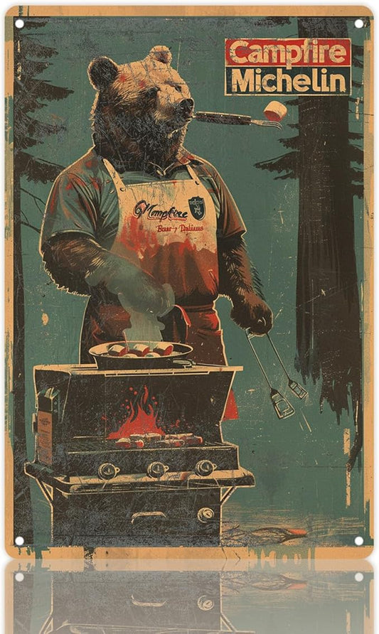 Campfire Michelin Bear Metal Wall Art - 8x12 Inch Rustic Outdoor BBQ Decor, Vintage Kitchen Cabin Sign for Cabin Lodge, Hunting Cabin & Camping Enthusiast Gift