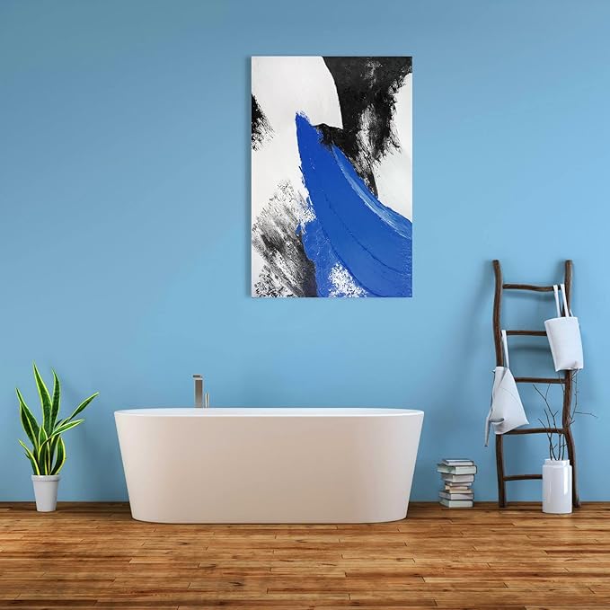 YPY Blue Abstract Canvas Wall Art: Modern Minimalist Black and White Picture Handmade Textured Oil Painting Poster for Living Room Bedroom Bathroom Office Home Wall Decor 24x36