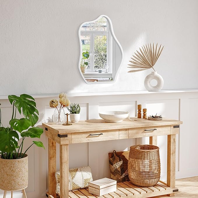 Wood Frame Hanging Mirror Asymmetrical Irregular Wall Mirror Unique Shape Modern Mirror Artistic Cloud Decorative Mirror for Living Room Bedroom Vanity Bathroom Entryway Hallway White