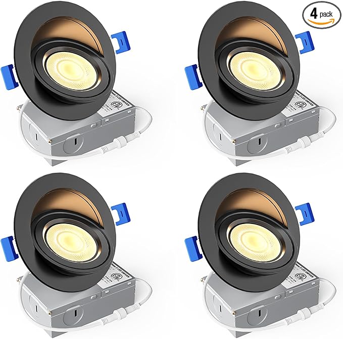 Ensenior 4 Pack 4 inch Black Gimbal Led Recessed Light, 5CCT 2700K-5000K, 360°+90° Adjustable, Dimmable, Aluminum, CRI90+, 900LM 9W 120V, Eyeball Recessed Lighting, Directional Can Light, ETL&FCC