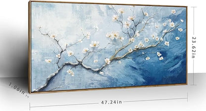 Nicetop Framed Wall Art for Living Room - Large Plum Blossom Canvas Art Prints with Wood Frame - Blue and White Artwork Abstract Ocean Wall Picture Bedroom Office Dining Room Coastal Decor 48x24 Inch
