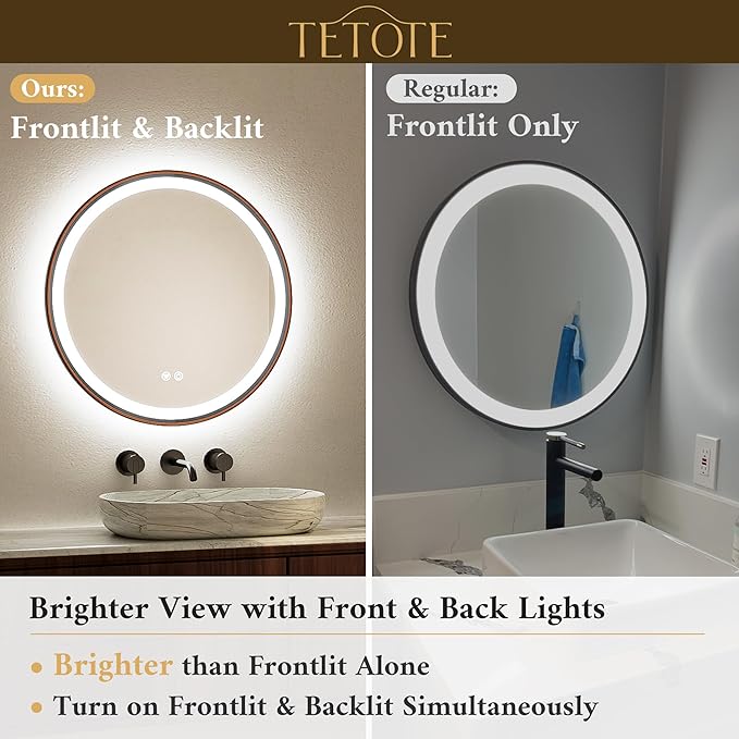 TETOTE Round Led Oil Rubbed Bronze Bathroom Mirror 36 Inch Circle Round Lighted Vanity Mirror with Lights for Bathroom Wall, 3 Color Stepless Dimmable, Anti Fog, Shatterproof, CRI 90+