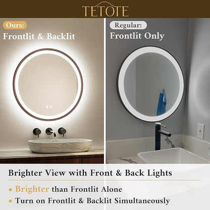 TETOTE Round Led Oil Rubbed Bronze Bathroom Mirror 36 Inch Circle Round Lighted Vanity Mirror with Lights for Bathroom Wall, 3 Color Stepless Dimmable, Anti Fog, Shatterproof, CRI 90+