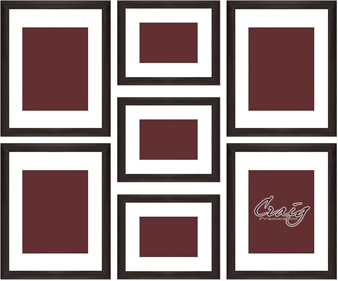 Craig Frames 7-Piece Wall Frame Set – Dark Brown 1-Inch MDF Moulding, Wood Grain Finish, Includes White Display Mats and Hanging Hardware – Photo Collage Gallery Display