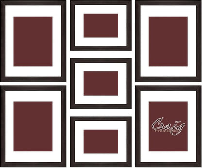 Craig Frames 7-Piece Wall Frame Set – Dark Brown 1-Inch MDF Moulding, Wood Grain Finish, Includes White Display Mats and Hanging Hardware – Photo Collage Gallery Display
