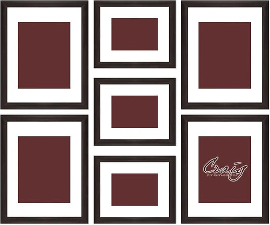 Craig Frames 7-Piece Wall Frame Set – Dark Brown 1-Inch MDF Moulding, Wood Grain Finish, Includes White Display Mats and Hanging Hardware – Photo Collage Gallery Display