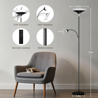 SIBRILLE Upgraded 2-in-1 Torchiere Floor Lamp, Dimmable Standing Lamp with Remote&Button Control, 34W Brightness Adjustable Floor Reading Light, Black Modern Corner Lamp for Living Room Bedroom Office