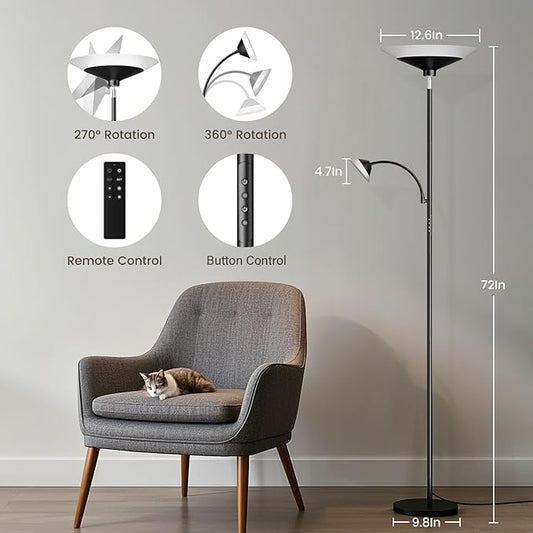 SIBRILLE Upgraded 2-in-1 Torchiere Floor Lamp, Dimmable Standing Lamp with Remote&Button Control, 34W Brightness Adjustable Floor Reading Light, Black Modern Corner Lamp for Living Room Bedroom Office