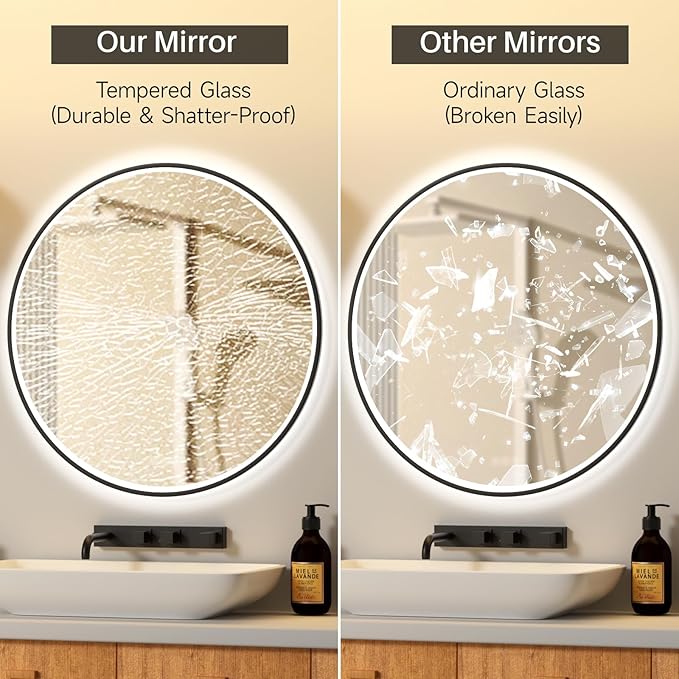 20 inches Round Aluminum Black Framed LED Mirror, Smart Bathroom Mirror with Lights, Anti-Fog, Tempered Glass, 3 Colors Dimmable, Front and Backlit, Wall Mounted, Memory