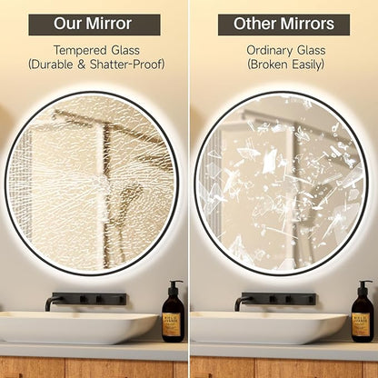 20 inches Round Aluminum Black Framed LED Mirror, Smart Bathroom Mirror with Lights, Anti-Fog, Tempered Glass, 3 Colors Dimmable, Front and Backlit, Wall Mounted, Memory