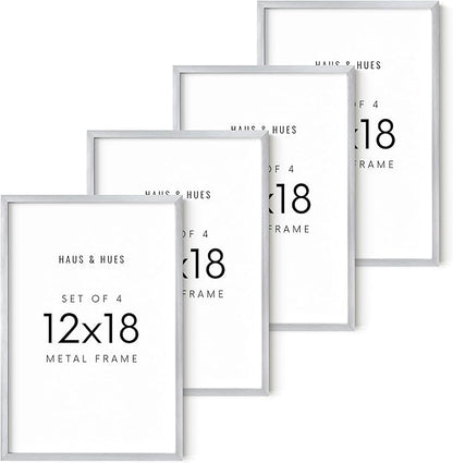 HAUS AND HUES 12x18 Silver Metal Picture Frames - Premium Aluminum with Vertical & Horizontal Hanging, Shatterproof Plexiglass - Perfect for Home or Office (12x18 in, Silver, Set of 4)