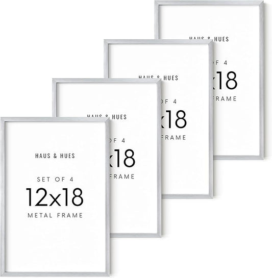 HAUS AND HUES 12x18 Silver Metal Picture Frames - Premium Aluminum with Vertical & Horizontal Hanging, Shatterproof Plexiglass - Perfect for Home or Office (12x18 in, Silver, Set of 4)