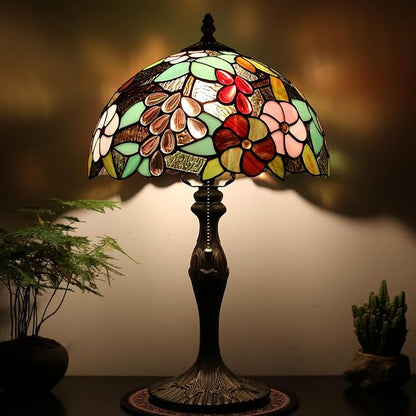 Tiffany Lamp Stained Glass Table Lamp 12 x 19” Grape Style Decorative Lamp Bedside Reading Light for Desk Living Room Bedroom Office Study Light Home Decor Gift