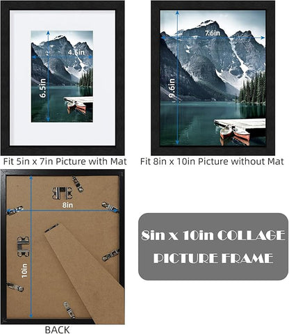Hongkee 8x10 Black Picture Frames set of 3, Made of Wooden and Glass Photo frame - Displays Picture 5x7 with Mat or 8 x 10 without Mat, Desktop & Wall Collage Frame set