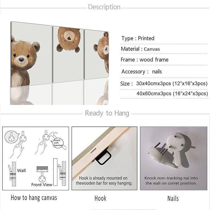 AOYUSMO 3 Piece Baby Bear Canvas Wall Art Nursery Funny Animal Wall Art Cute Bear Pictures Wall Decor Kids Baby Boy Animal Art Prints for Children's Room Bedroom 16"X24" Framed