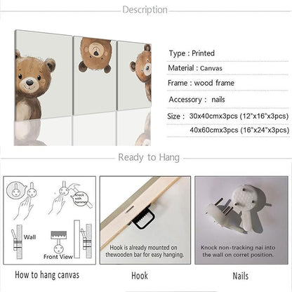 AOYUSMO 3 Piece Baby Bear Canvas Wall Art Nursery Funny Animal Wall Art Cute Bear Pictures Wall Decor Kids Baby Boy Animal Art Prints for Children's Room Bedroom 16"X24" Framed