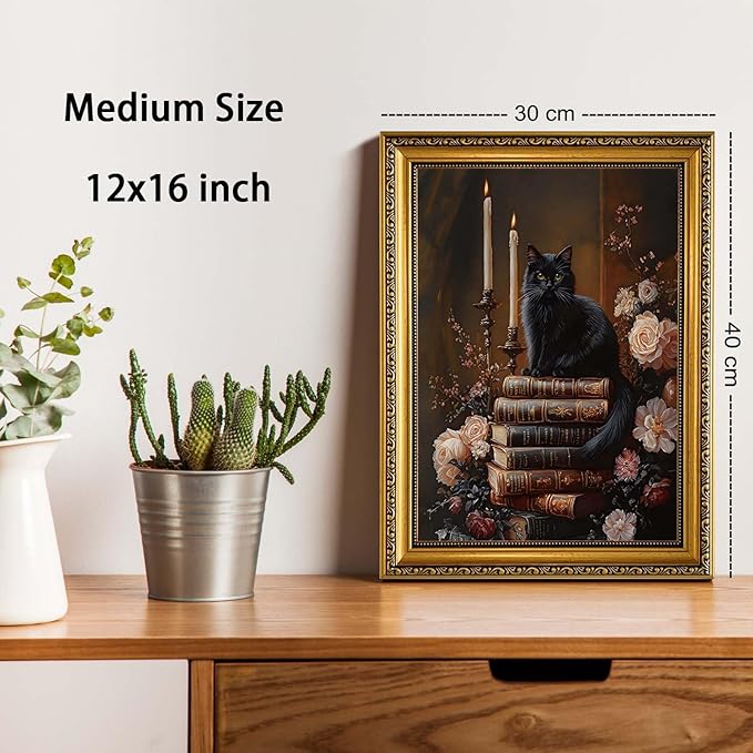 YD&YZY Gold Framed Moody Wall Art Vintage Canvas Dark Academia Victorian Black Cat Book Floral Wall Decor Gothic Aesthetics Painting Picture Print Artwork for Bedroom Bathroom 12x16 inch Framed