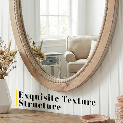 sawsile Oval Wood Mirror,20x30 inch Rustic Farmhouse Natural Wooden Frame Boho Beads Wall Mirror for Bathroom,Living Room,Bedroom or Entryway
