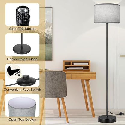 65’’ Tall Floor Lamp for Bedroom, Living Room Pole Floor Light with Grey Shade, Dimmable Standing Floor Lamp with 3-Color Changing LED Bulbs, Simple Design E26 Stand-up Lamp with Foot Switch