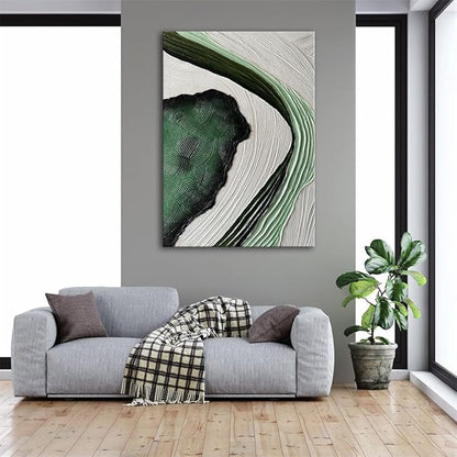 Slyart Large Nordic Green and White Abstract Vertical Wall Art Green 3D Texture Painting Green White Painting Modern Living Room Oil Paintings Minimalist Art